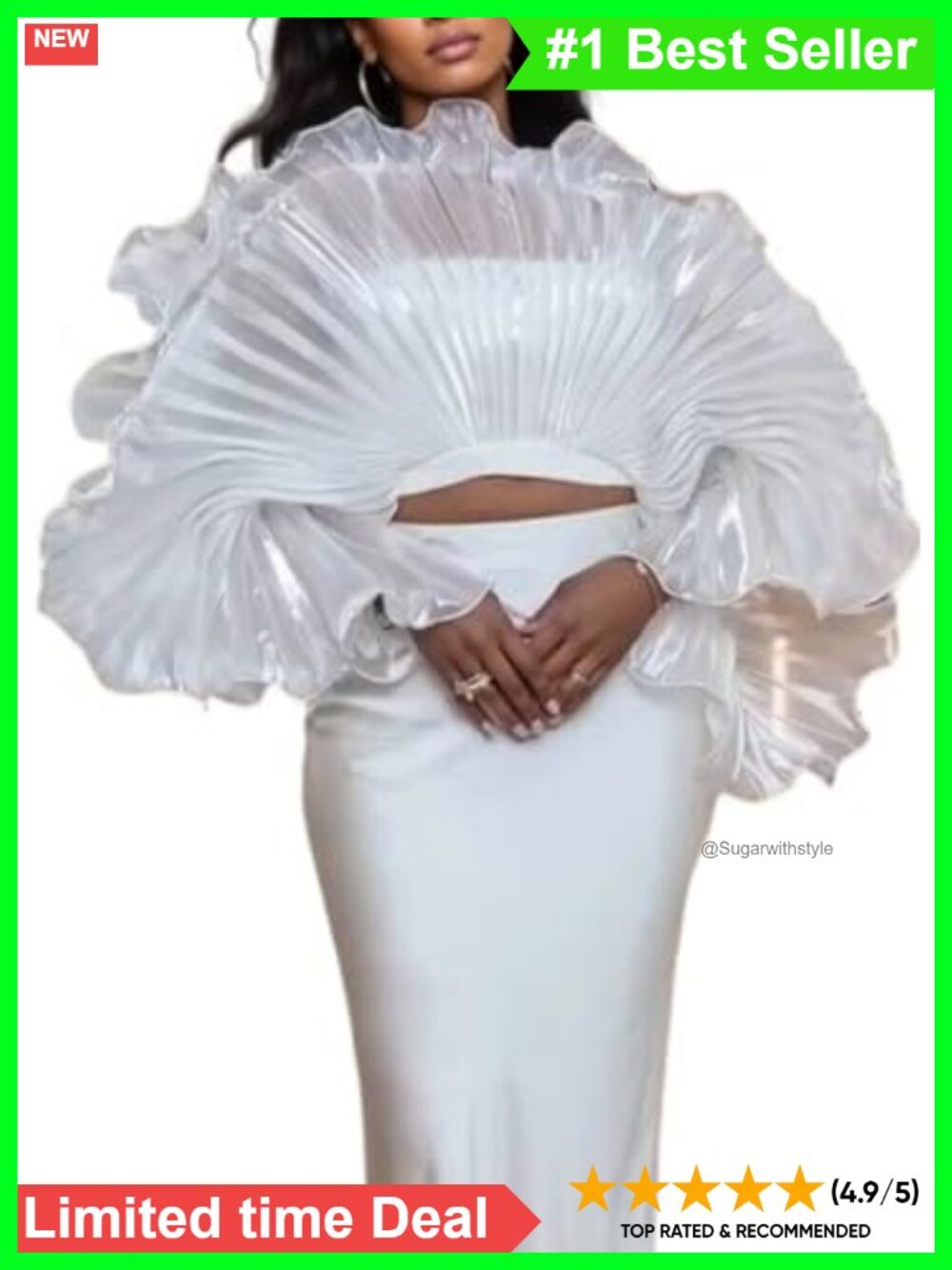 Women Ruffle Fan Sleeve Crop Blouse Sheer See Through Top